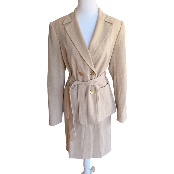 Calvin Klein Dresses & Skirts - Calvin Klein Beige Stretch 2 Piece Skirt Suit Double Breasted Belted Women's‎ 8
